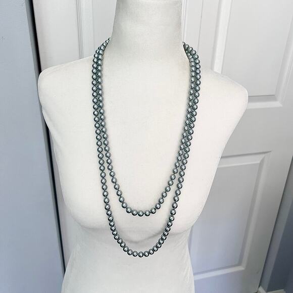 Vintage long silver pearl necklace with fish hook clasp - Picture 1 of 6